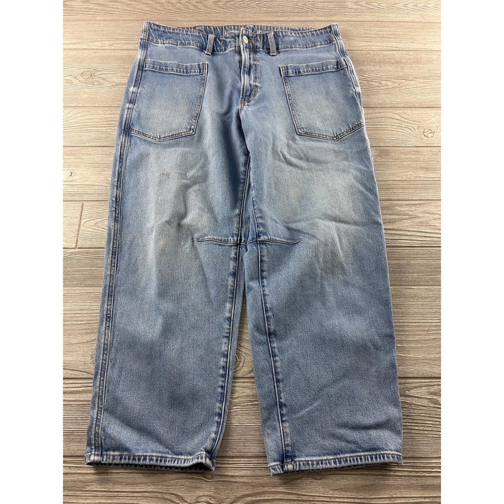 American Eagle Barrel Jeans Womens 12 Light Wash High Rise Stretch Patch Pocket